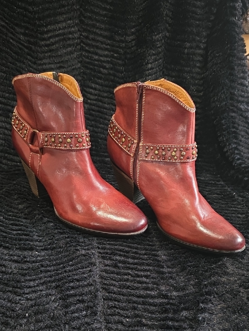 Sofft Burgundy Leather Ankle Booties with Studded Strap